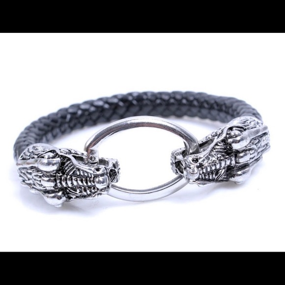 Double Python Silver Ring In Mouth Steel Black Braided Bracelet! - Picture 4 of 5